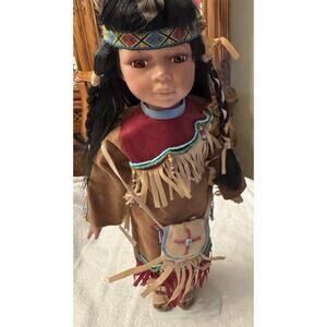 Porcelain Native American Style Doll Beaded Headband Fringed Dress Moccasin Boot